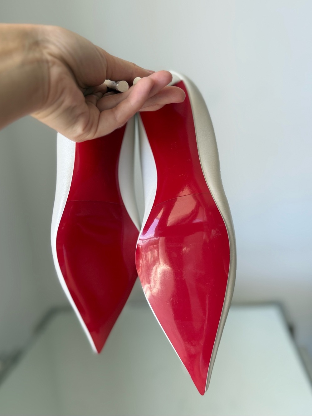 Christian Louboutin White Pointed-Toe Pumps with Red Heel - Picture 12 of 14